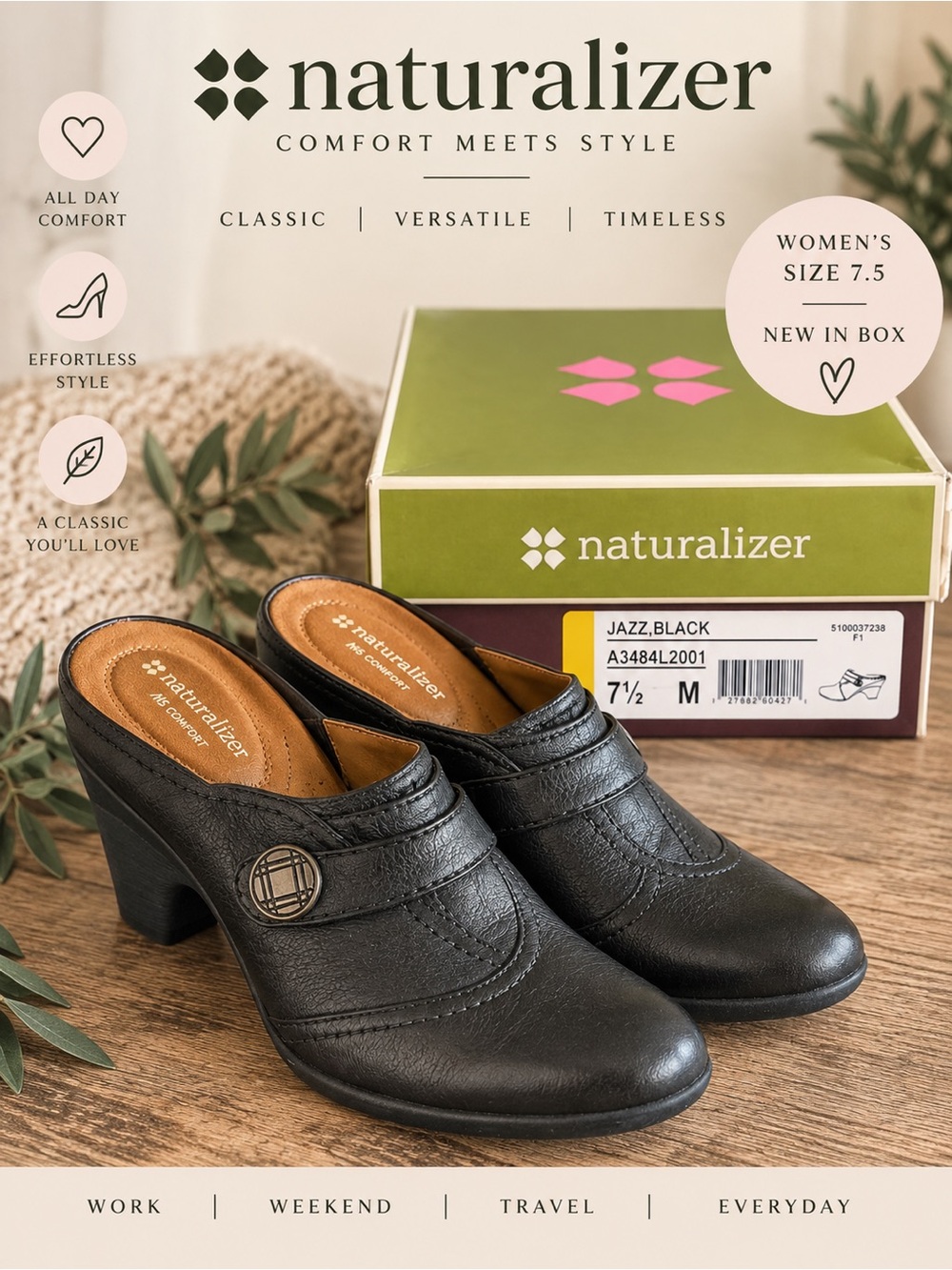 Naturalizer Jazz Black Leather Mule Clogs Heels Women’s 7.5M NIB